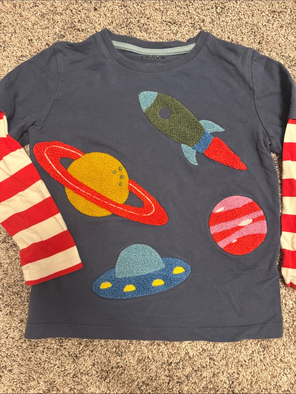 Boys Boden Navy Space Appliqué Long Sleeve Tee with Red-White Stripe Sleeves